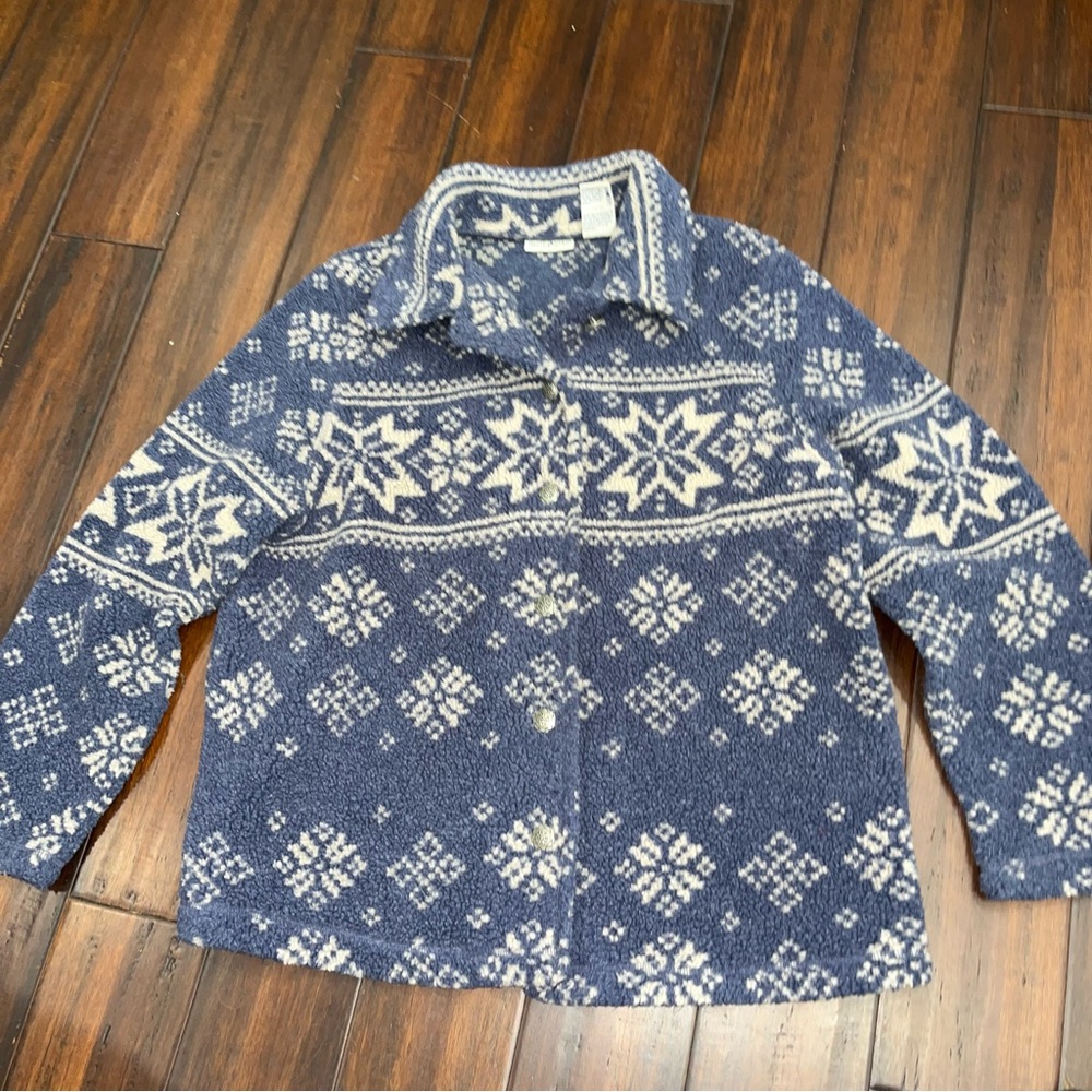 Vintage Y2K White Stag Blue and White Patterned Cardigan Sherpa fleece XL